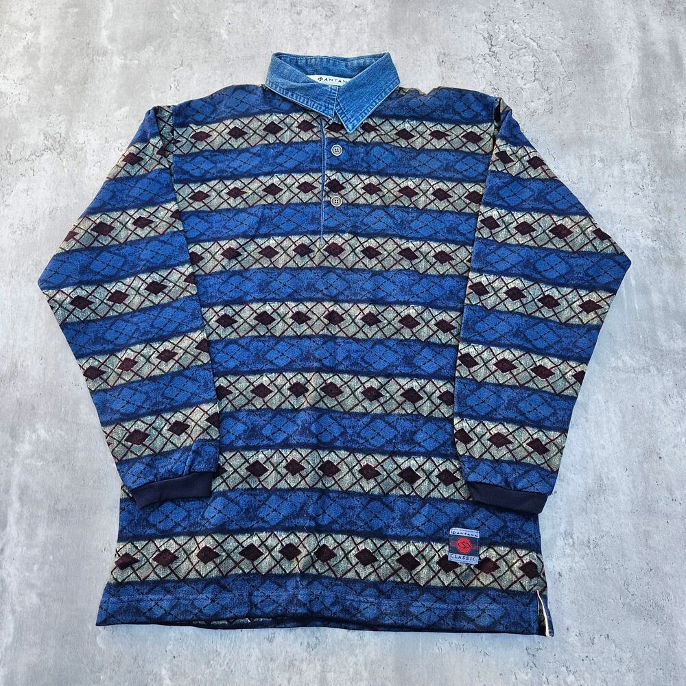 Vintage Santana Shirt Denim Collar Size Women's Large Western Style Aztec Print